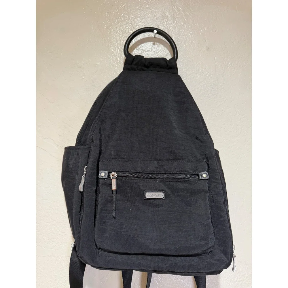 Baggallini Black Nylon‎ Backpack Circular Handle Travel Bag Silver Hardware